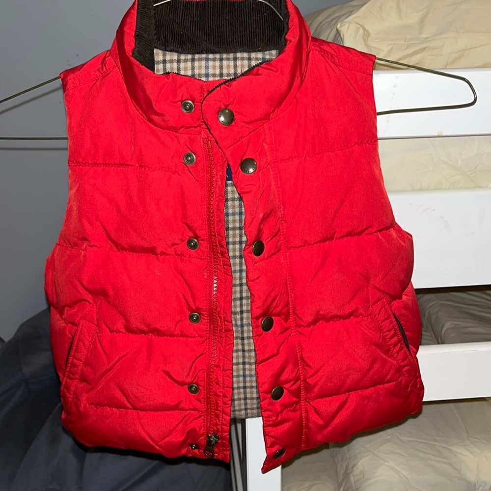 Toddler boy puffer vest 3T red with brown plaid inside